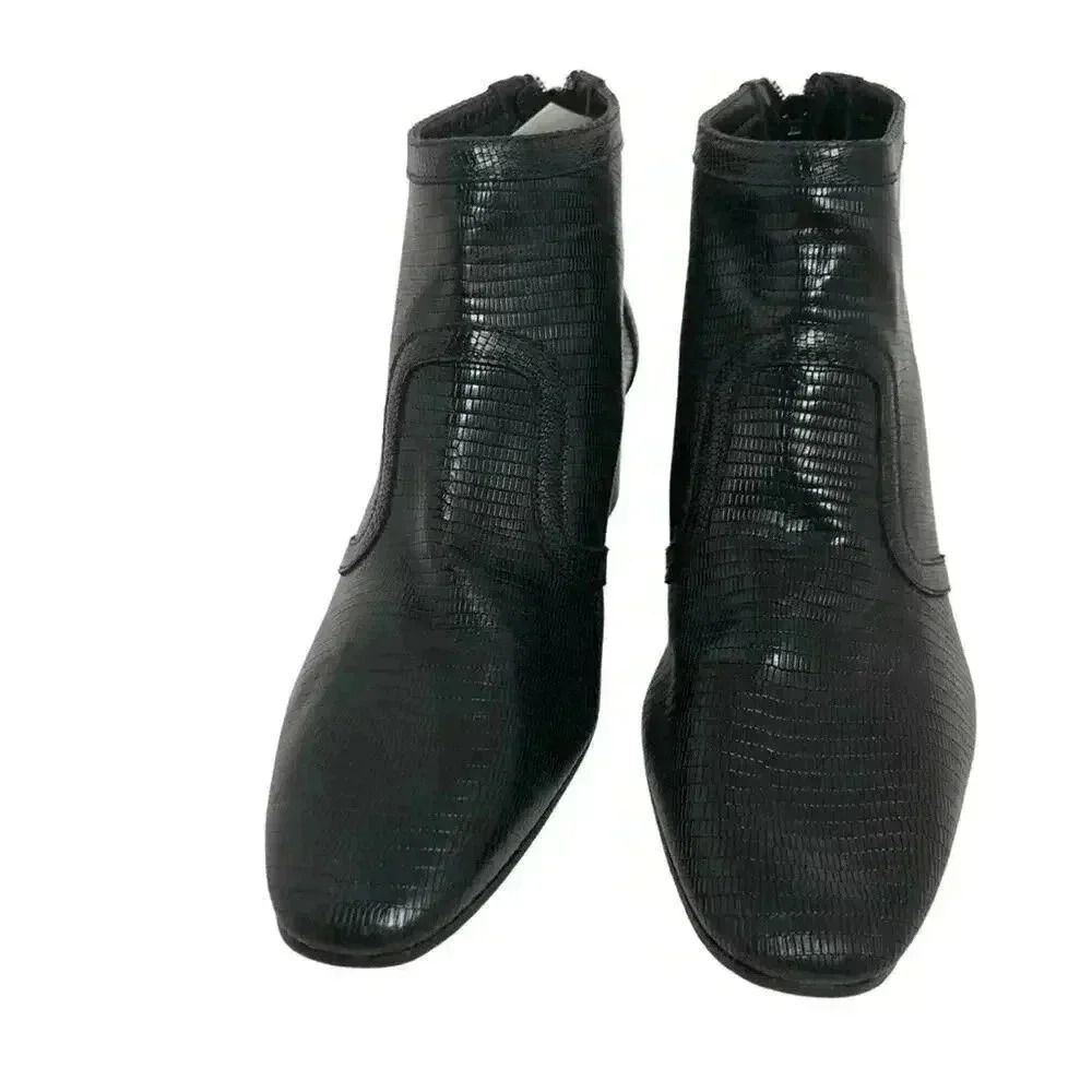 Doucal's Vintage Crocodile Print Leather Luxury Designer Black Booties Pointed - Picture 2 of 13